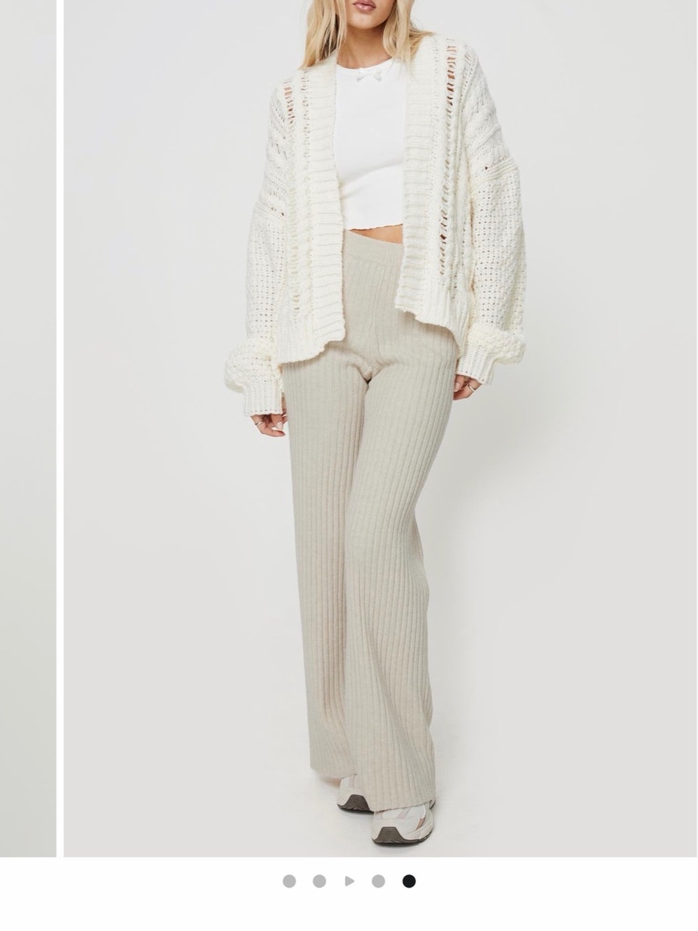 Princess Polly Ribbed Wide-Leg Knit Pants in Cream Beige